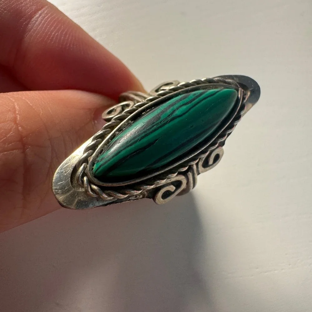 Vtg Silver Tone Malachite Style Ring Marquise Adjustable Southwestern Whimsigoth